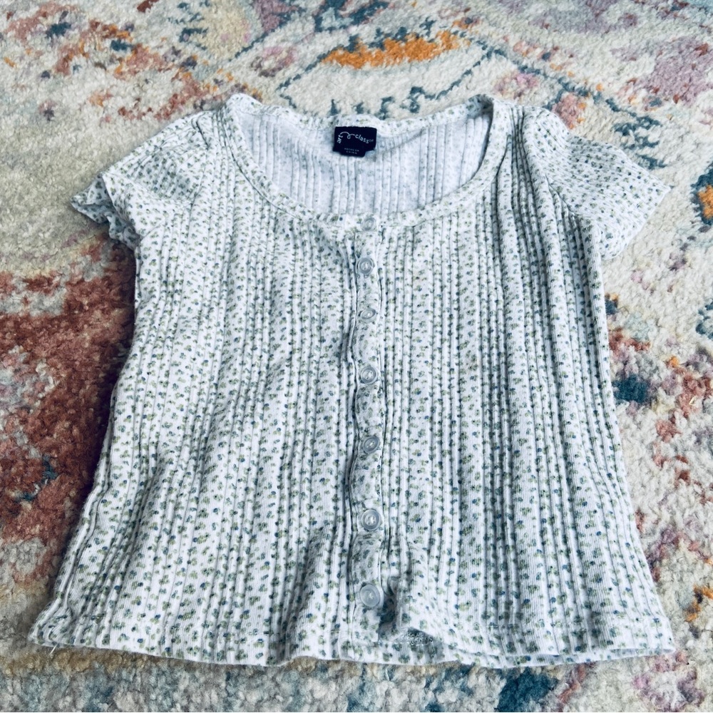 Short Sleeve Ribbed Shirt Button Up White Green Flower Art Class 6 / 6X